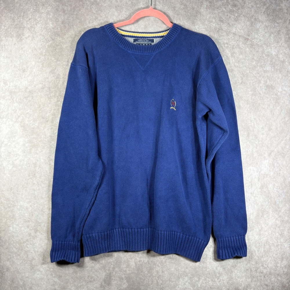 Tommy Hilfiger Sweater Mens M Blue Crewneck Pullover Cotton Crest Logo Preppy